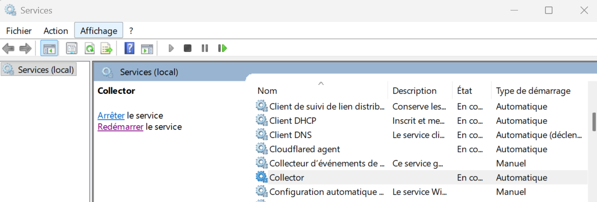Console Services Windows montrant Collector et Cloudflared agent à l'état En cours avec un démarrage Automatique